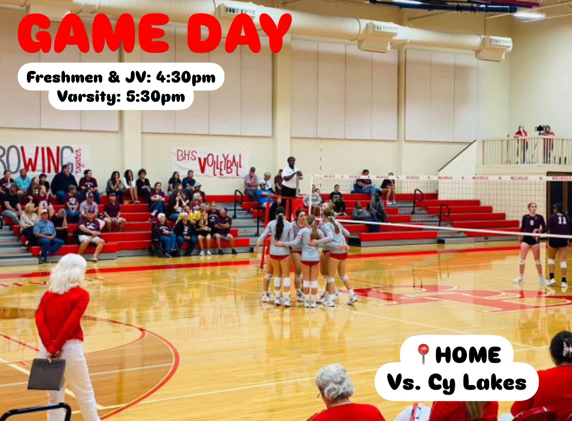 GAME DAY!!! 📍Home Vs. Cy Lakes 
Freshman &amp; JV: 4:30pm
Varsity: 5:30pm

Be there &amp; be loud🐮❤️ 
#GoBrahmanettes #BellvilleSports #BellvilleVolleyball