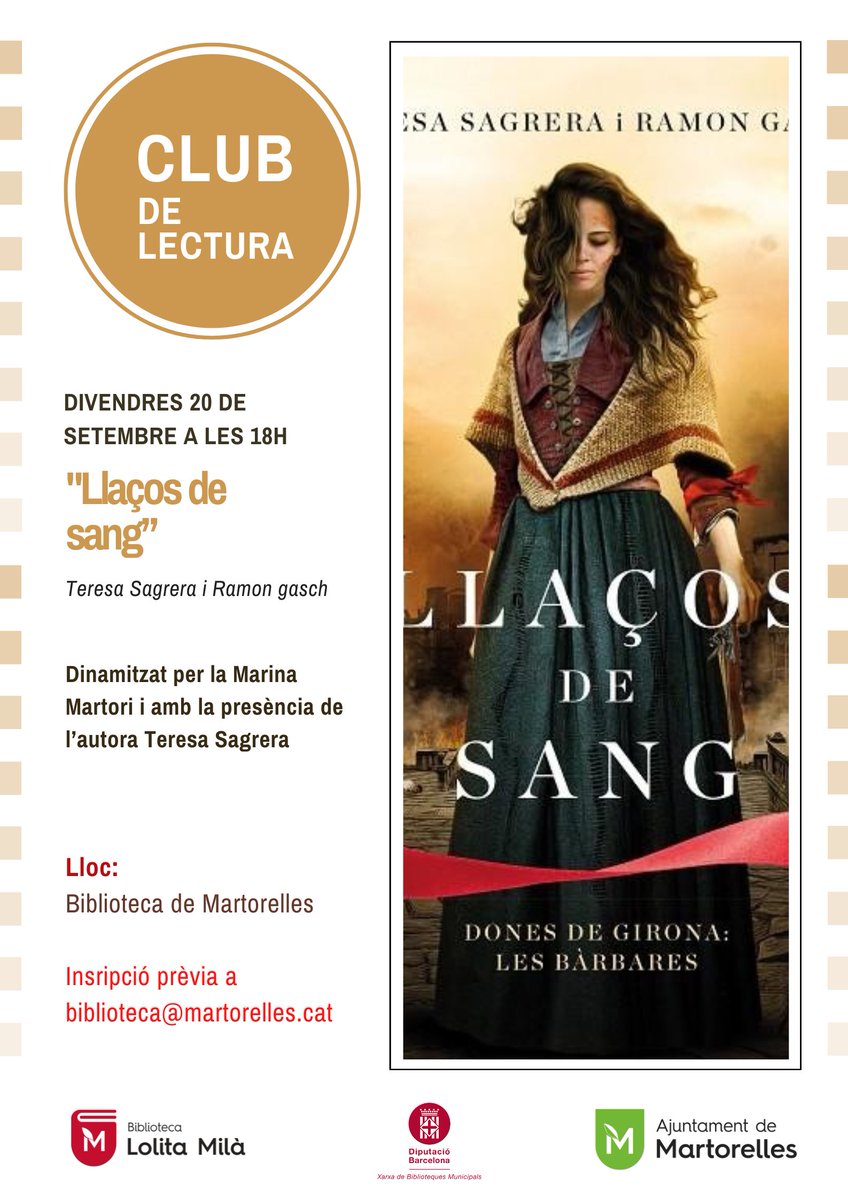 Iniciem el curs del nostre Club de lectura amb la presència de la Teresa Sagrera! Comentarem el seu llibre "Llaços de sang", escrit juntament amb Ramon Gasch. No falteu!