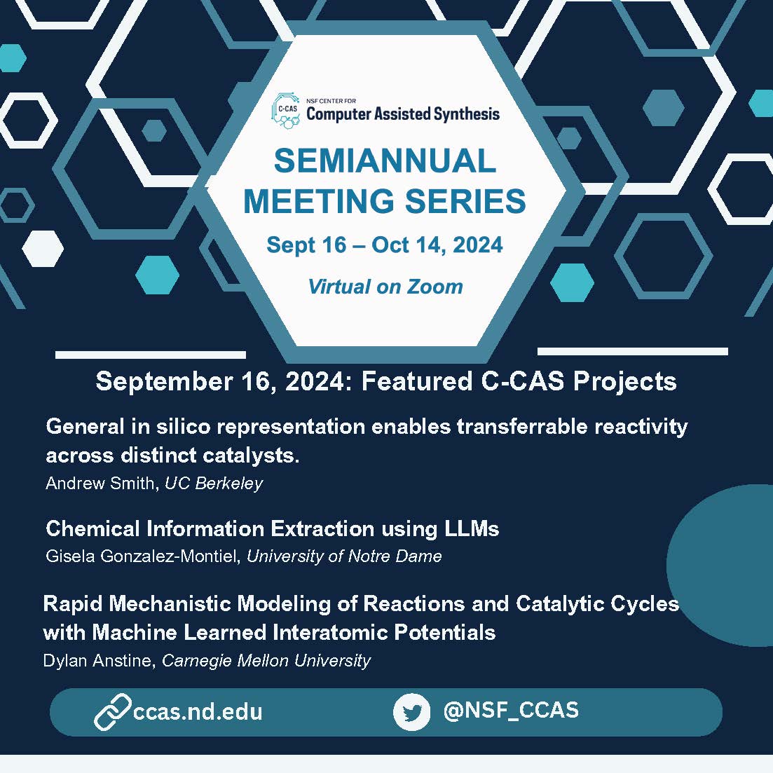 NSF Center for Computer Assisted Synthesis (@nsf_ccas) on Twitter photo Reminder: The C-CAS Semi-Annual Meeting Series begins next Monday (9/16) and will feature select C-CAS projects. 12-1 PM ET.  Register here: docs.google.com/forms/d/e/1FAI… 
#compchem #Innovation #Science #Networking #ProDevo #research Reminder: The C-CAS Semi-Annual Meeting Series begins next Monday (9/16) and will feature select C-CAS projects. 12-1 PM ET.  Register here: docs.google.com/forms/d/e/1FAI… 
#compchem #Innovation #Science #Networking #ProDevo #research