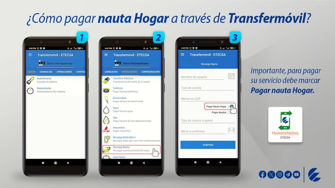 Con #Transfermóvil 📲 puedes pagar cada mes tu cuota de #nautaHogar 🧑‍💻
👉Sigue estos pasos 👣
1⃣ Autentícate en la aplicación
2⃣ Desplázate al menú Operaciones y selecciona Recarga nauta
3⃣ Rellena las casillas y asegúrate de marcar la opción Pagar nauta Hogar