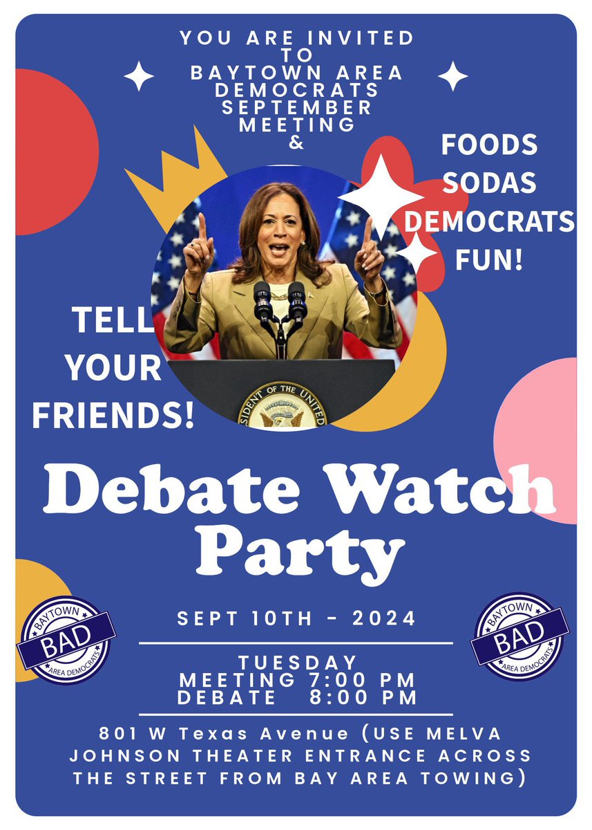 CrewsforTX's tweet photo. We’ve got two debate watch parties tonight in #HD128!! The @BaytownAreaDems info is pictured, and you can sign up for the #LaPorte Dems party here: https://t.co/Kqcwspzvuw

I’ll be swinging by both - see y’all there!
#ProsecutorVsFelon
#HarrisForPOTUS
#CrewsForTX https://t.co/5nmh55erN1
