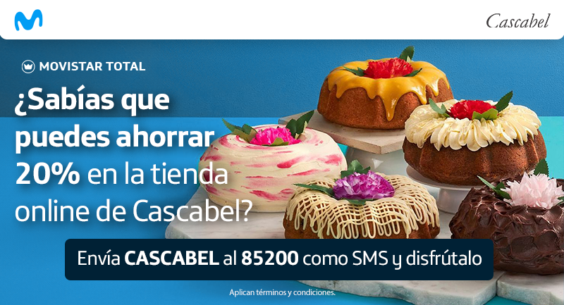 ¡Nuevo beneficio para ti por ser Cliente Movistar😍! Disfruta 20% dcto. en todos los productos de la tienda Online de Cascabel🧁cascabel.com , envía la palabra CASCABEL como mensaje de texto al 85200