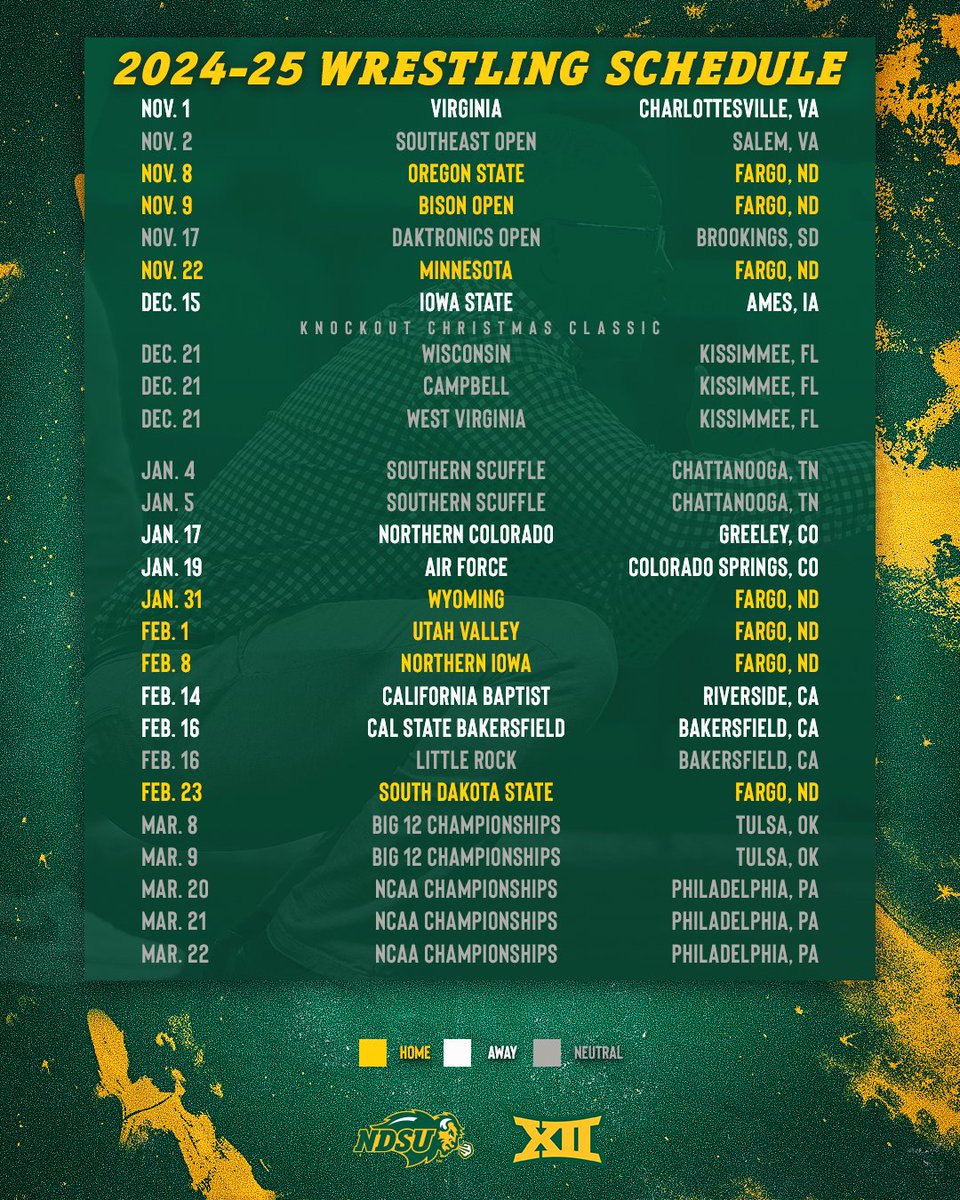 NDSUwrestling's tweet image. The 2024-25 schedule is set! 🤘

📰: gobison.info/3MBdr7o