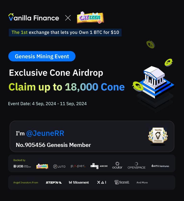 Jeunerrr's tweet photo. #VanillaFinance — первая биржа, которая позволяет вам владеть 1 биткоином за 10 долларов. Майнинг Genesis уже запущен. Получите до 18 000 Cone! #Airdrop #Miniapp.@VanillaFinance https://t.co/nVtolXbbGN