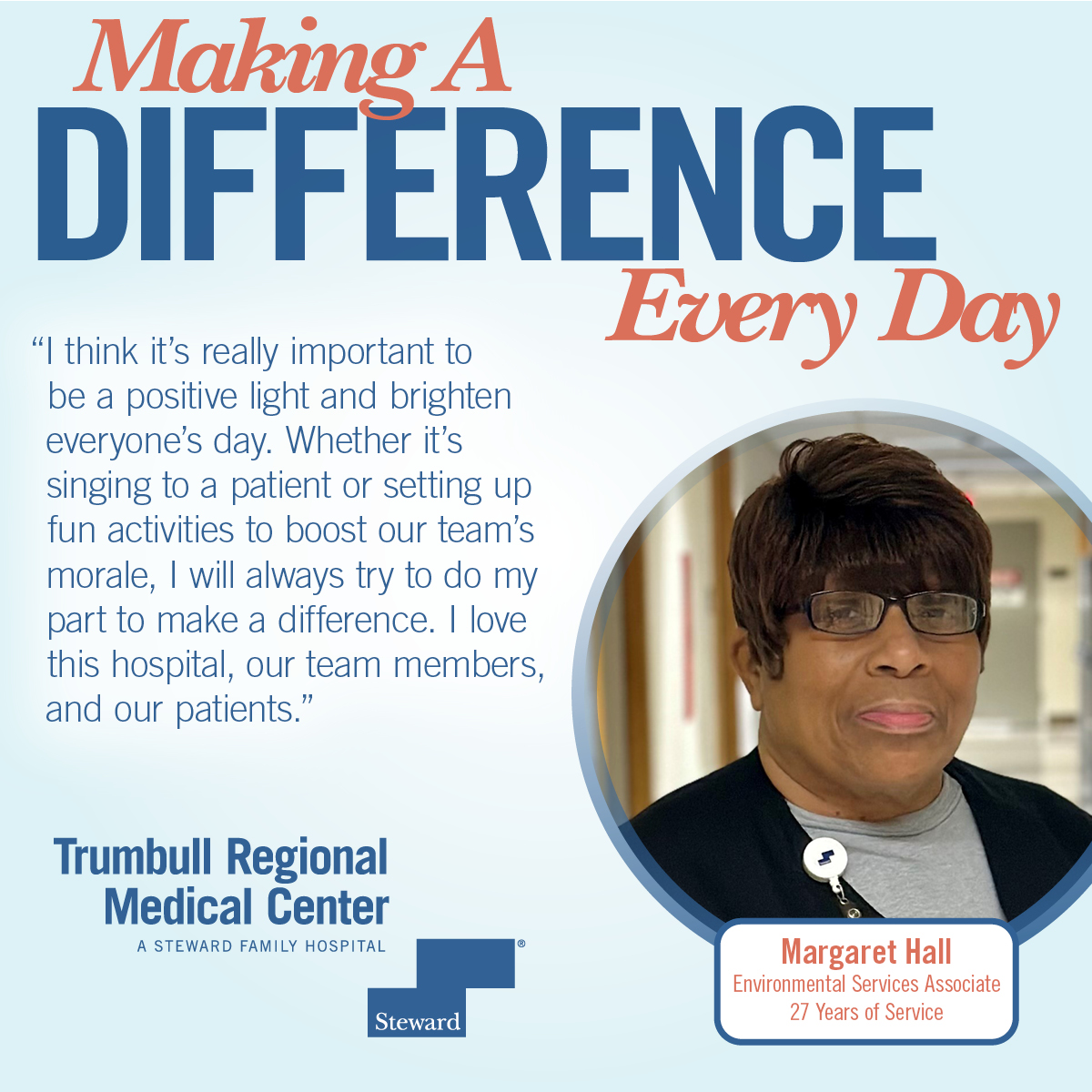 Our amazing team makes us who we are at Trumbull Regional Medical Center. Each member is making a difference every day. #TeamSpotlight #EnvironmentalServices

Learn more about our award-winning, individualized services here: trumbullregional.org.