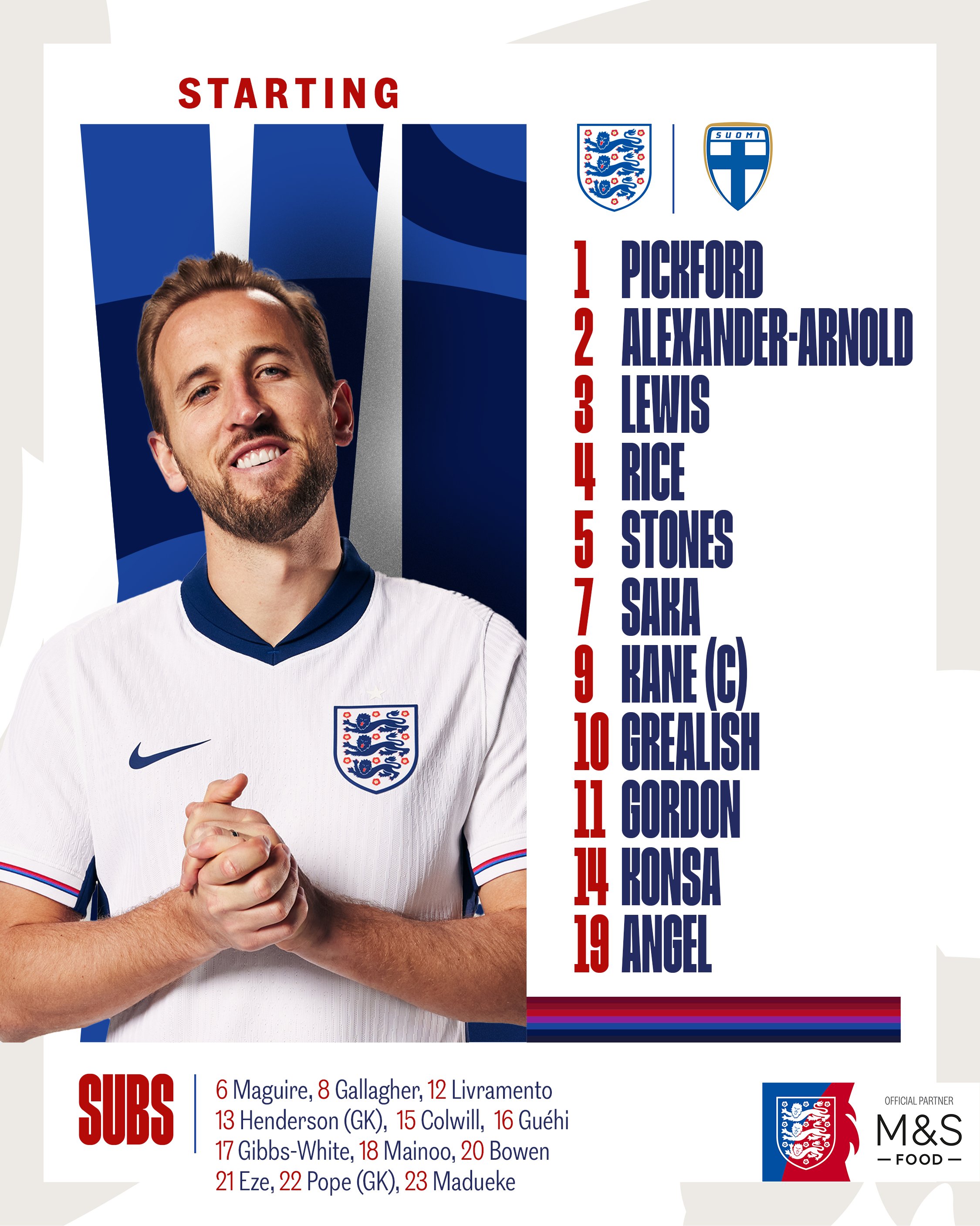 England XI Pickford Alexander-Arnold Lewis Rice Stones Saka Kane c Grealish Gordon Konsa Angel