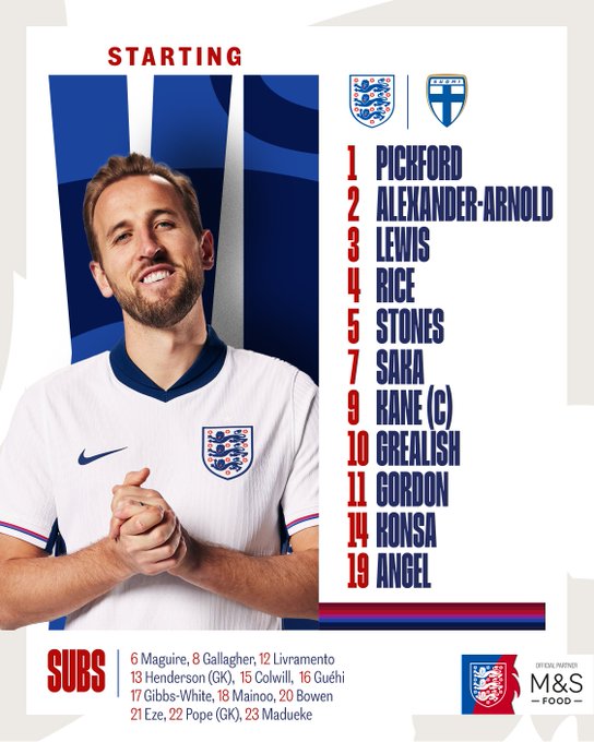 England XI: Pickford, Alexander-Arnold, Lewis, Rice, Stones, Saka, Kane (c), Grealish, Gordon, Konsa, Angel.