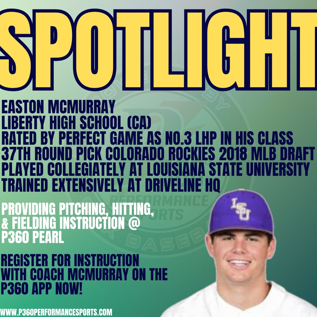 P360 Performance Sports-Pearl (@p360pearl) on Twitter photo P360 is excited to introduce Easton McMurray as the new director of P360 Pearl! Easton is a CA native and 2018 MLB Draft pick of the Rockies!
Full Press Release:
p360performancesports.com/post/p360-welc…
Coach McMurray is now available for private instruction!
easton@p360performancesports.com P360 is excited to introduce Easton McMurray as the new director of P360 Pearl! Easton is a CA native and 2018 MLB Draft pick of the Rockies!
Full Press Release:
p360performancesports.com/post/p360-welc…
Coach McMurray is now available for private instruction!
easton@p360performancesports.com