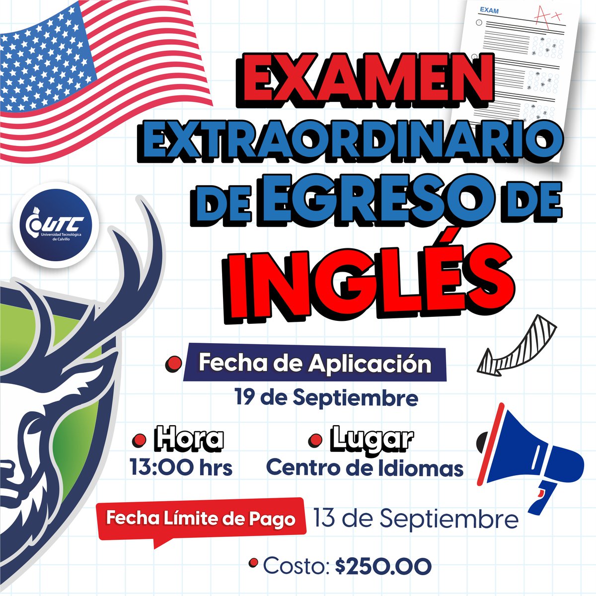⚠️¡ATENCIÓN VENADOSUTC! ⚠️🦌

Realiza tu examen extraordinario de egreso de inglés y cumple con tus requisitos de títulación. Recuerda tienes hasta el 13 de septiembre para realizar tu pago 👋🏻😉

#TeQuieroEnCalvillo💚
#UTCalvillo