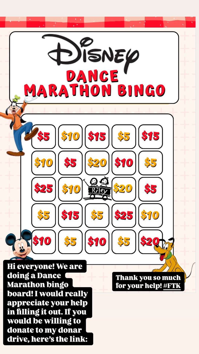Hi everyone! We are doing a Dance Marathon bingo board! I would really appreciate your help in filling it out. If you would be willing to donate to my donar drive, here's the link:

events.dancemarathon.com/index.cfm?fuse…