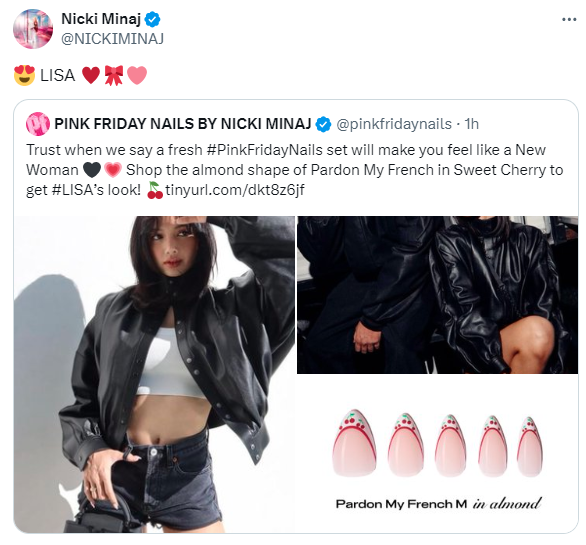 AboutMusicYT's tweet photo. Nicki Minaj shows love to BLACKPINK's Lisa after she wore the 'Pink Friday' press-on nails. https://t.co/n2DwORw2ye