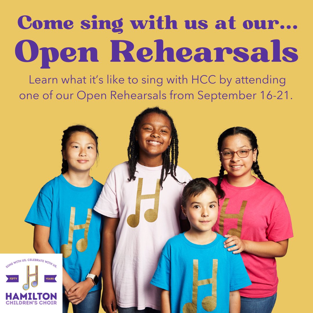 We're thrilled to announce that Open Rehearsals are BACK next week! Know a young singer who likes to try things out before signing up? This is for you! Join a full rehearsal at HCC during the week of September 16-21. Best of all, it's FREE! go.hamiltonchildrenschoir.com/openrehearsals #HamOnt
