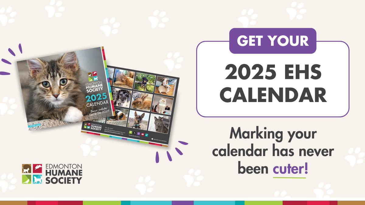EdmontonHumane's tweet photo. EHS' 2025 Calendar is here 📅
Keep track of your important dates while enjoying a monthly dose of dopamine 😻 Each month features a #EHSPet who's found a loving home, and the best part? All proceeds support the lifesaving work we do!
Get yours here 👉 https://t.co/cI1E5U5Bva https://t.co/QTcj00HUth