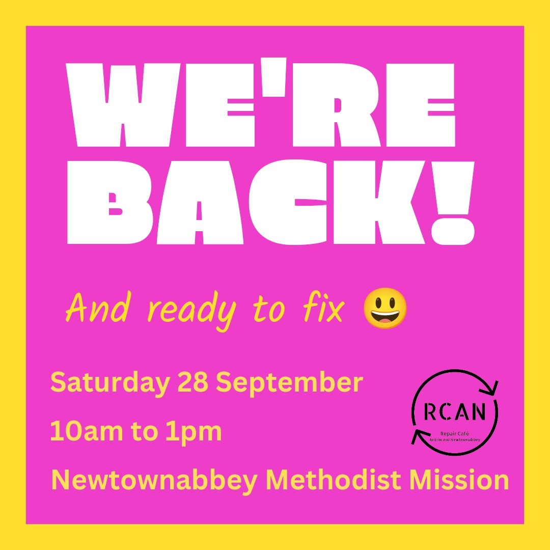 Our first repair event of the autumn will be
🗓️ Saturday 28 September
🕙10am to 1pm.
📍Newtownabbey Methodist Mission

We can't wait to get back to what we do best - saving items, fixing things.  😁

Booking spaces and more details will be released next week.

Please share 😉