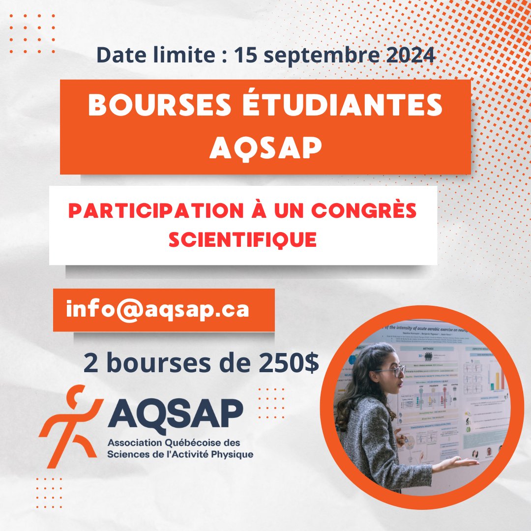 aqsapcongres's tweet photo. 🚨 5 jours restants 🚨
Bourse de Participation à un Congrès Scientifique 🌍
Date limite : 15 septembre 2024
Vous présentez un projet en activité physique dans un congrès ? 2 bourses de 250$ offertes !
📌Critères: Étudiant(e) universitaire au QC
📄Détails: https://t.co/0nVAAvFAr7 https://t.co/WI4StfTh1S