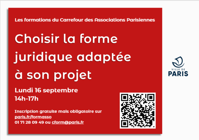 CarrefourAsso's tweet photo. Formation ce lundi 16 septembre au @CarrefourAsso de 14h à 17h "Choisir la forme juridique adaptée à son projet associatif ou citoyen"
Inscription gratuite sur https://t.co/ZTZDgye3i9 ou via cform@paris.fr ou au 01 71 28 09 49 https://t.co/Yh3Ugcxhb3