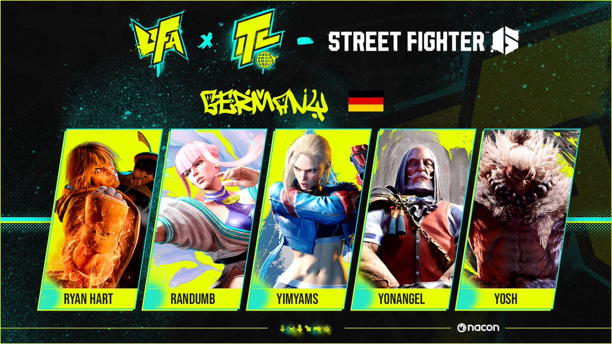 Introducing our second SF6 ITC team.

Welcoming team 🇩🇪 Germany:

🇬🇧 <a href="/RyanJosephHart/">Ryan Hart</a>
🇩🇪 <a href="/RANDUMBFGC/">RANDUMB</a> 
🇩🇪 <a href="/YimxYams/">YimYams</a>
🇩🇪 <a href="/yonangel_fgc/">YONANGEL</a> 
🇩🇪 <a href="/yoshpanna7/">yosh</a>

#UFA2024