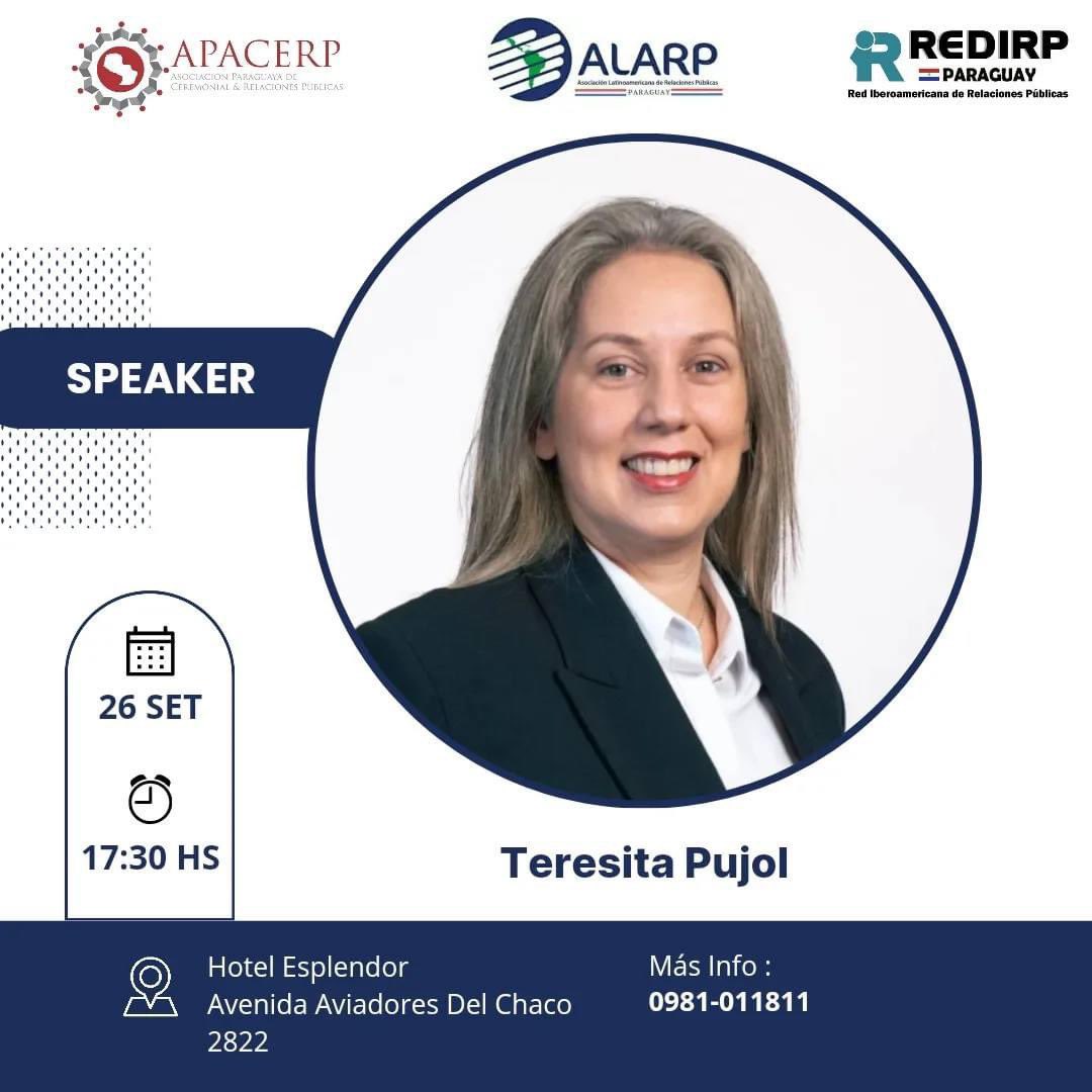 apacerppy's tweet image. ✨ ¡Nos complace anunciar que la Speaker  Teresita Pujol  estará presente en el 3er Encuentro Nacional de Relaciones Públicas! ✨

🗓 Fecha: 26 de septiembre de 2024
📍 Lugar: Hotel Esplendor By Wyndham 
💼 Organiza: APACERP con el apoyo de ALARP y RedIRP Paraguay