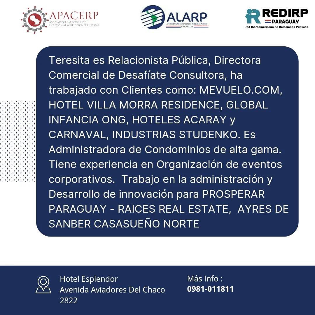 apacerppy's tweet image. ✨ ¡Nos complace anunciar que la Speaker  Teresita Pujol  estará presente en el 3er Encuentro Nacional de Relaciones Públicas! ✨

🗓 Fecha: 26 de septiembre de 2024
📍 Lugar: Hotel Esplendor By Wyndham 
💼 Organiza: APACERP con el apoyo de ALARP y RedIRP Paraguay