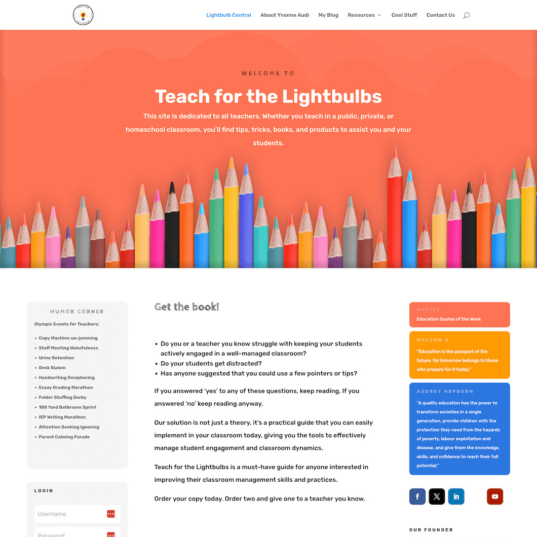 christinahills's tweet image. Yvonne Audi just launched her fantastic new website after completing the Website Creation Workshop!
>>> teachforthelightbulbs.com
The next workshop will start in just a few days!👉 websitecreationclass.com
#WebsiteDesign #WordPressWorkshop #LearnWordPress #BuildYourDreamWebsite