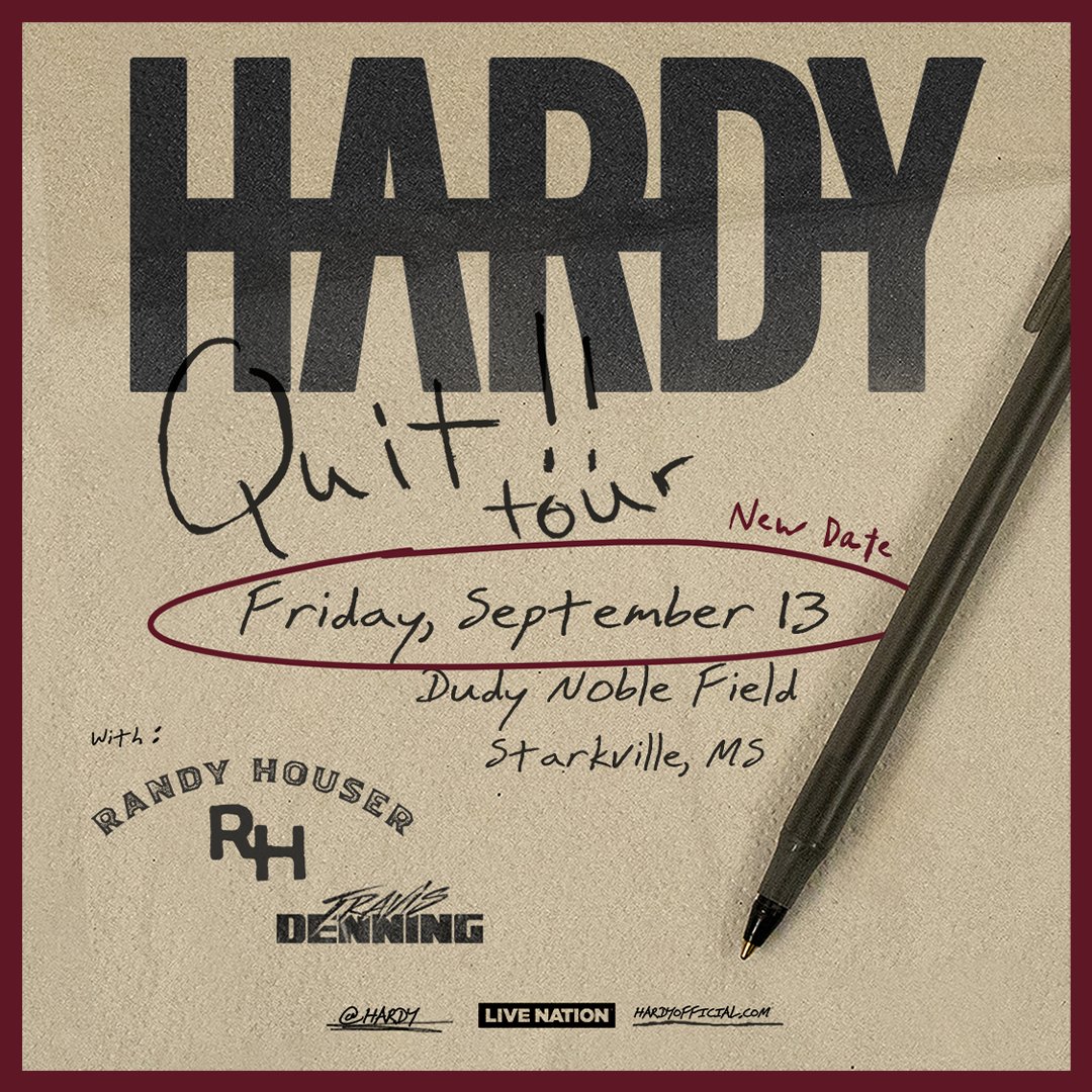 HARDY's Quit!! tour at The Dude has been moved to Friday, Sept. 13. 

More information ➡️ HailState.com/HARDY

#HailState🐶
