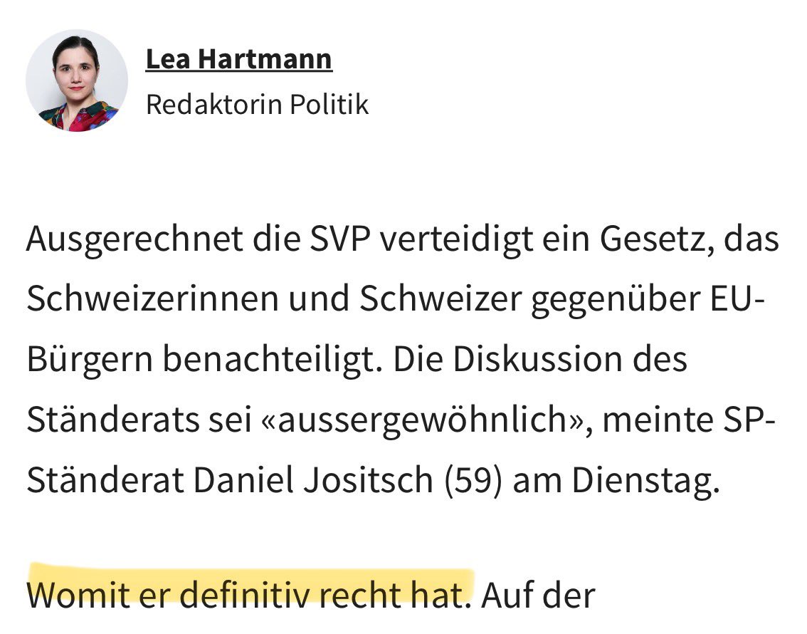 thomas_aeschi's tweet photo. Nicht die @SVPch, liebe @lea_hartmann @Blickch und lieber @danieljositsch, hat die Diskriminierung von eingebürgerten Schweizern gegenüber EU-Ausländern beschlossen, sondern @spschweiz, @FDP_Liberalen und @Mitte_Centre mit der Zustimmung zur EU-#Personenfreizügigkeit. #FakeNews https://t.co/OSeYCXPvmQ
