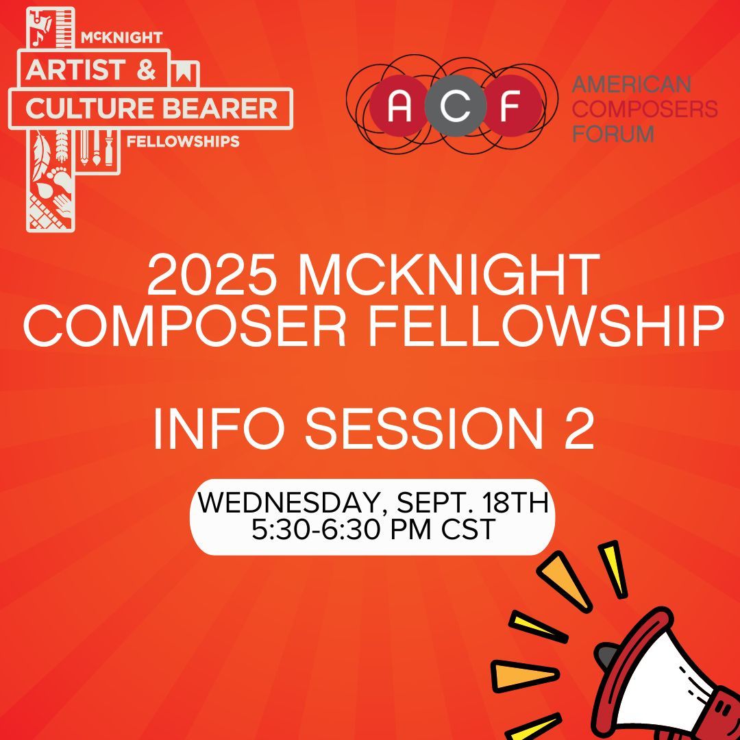 Composers Forum (@composersforum) on Twitter photo ACF team is hosting two online sessions for the 2025 McKnight Composer Fellowship Application. Join to understand the process. Sign up at the "Information Sessions" tab: buff.ly/3TiSCRK #ComposerFellowship #ACFsessions <a href="/McKnightFdn/">McKnight Foundation</a> ACF team is hosting two online sessions for the 2025 McKnight Composer Fellowship Application. Join to understand the process. Sign up at the "Information Sessions" tab: buff.ly/3TiSCRK #ComposerFellowship #ACFsessions <a href="/McKnightFdn/">McKnight Foundation</a>
