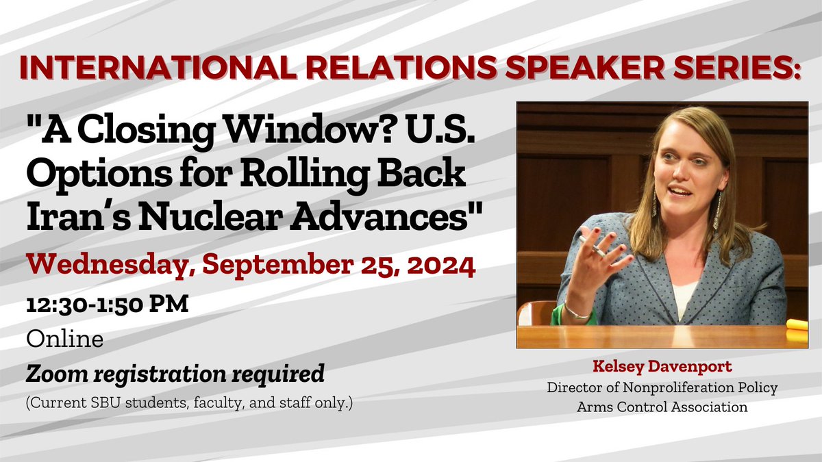 Join us for a compelling discussion about the United States’ options with Iran’s nuclear advances with Kelsey Davenport, as part of our International Relations Speaker Series! Happening online on September 25th from 12:30-1:50, please register here bit.ly/3ALZUY1.