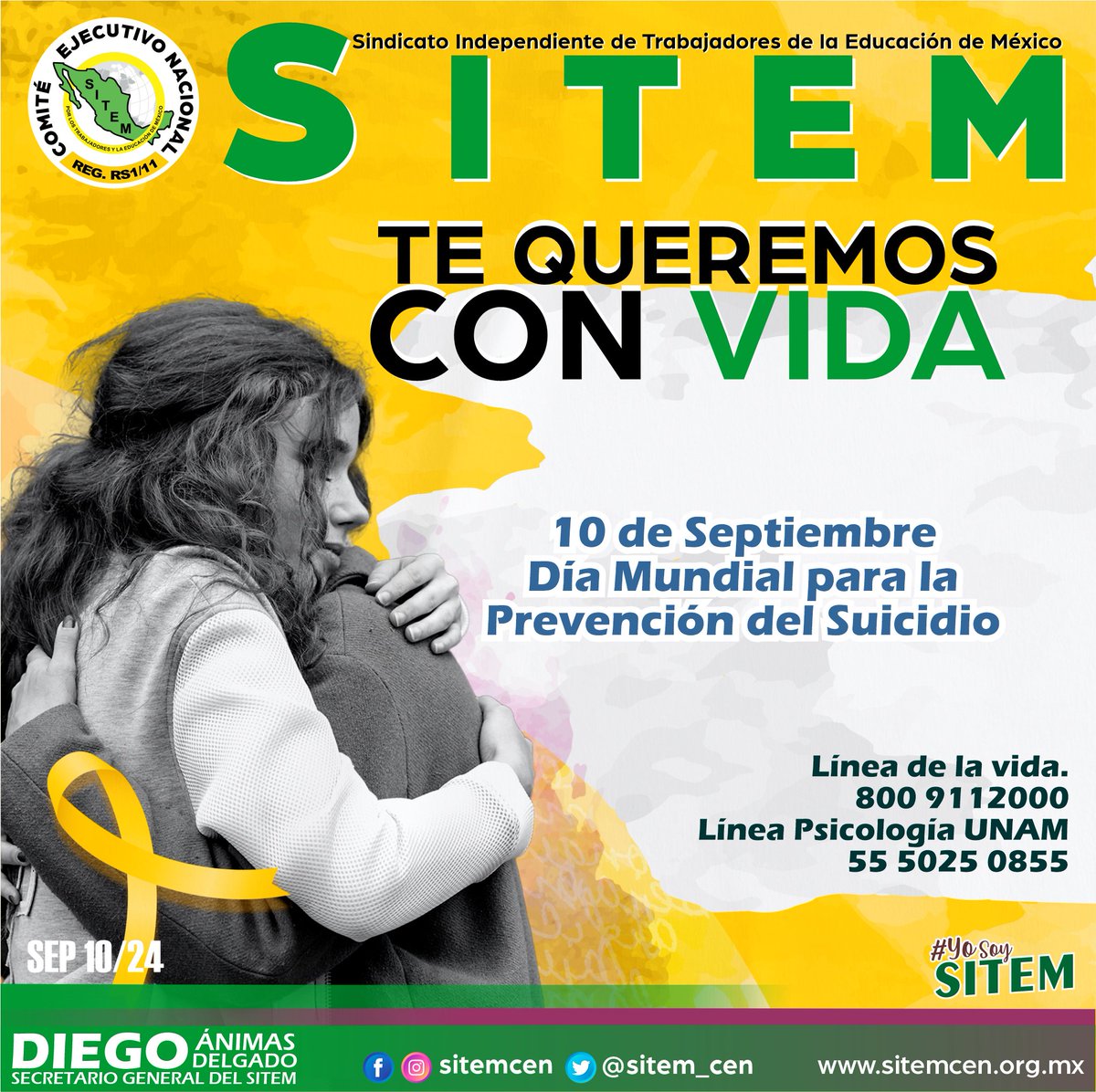 sitem_cen's tweet photo. En el @sitem_cen unimos todos al Día Mundial para la Prevención del Suicidio. Recordemos que como docentes nuestras palabras y acciones pueden salvar vidas. Es fundamental hablar, escuchar y apoyar a quienes están atravesando momentos difíciles.
#YoSoySitem #UnSindicatoDiferente https://t.co/DmdngLDKtT