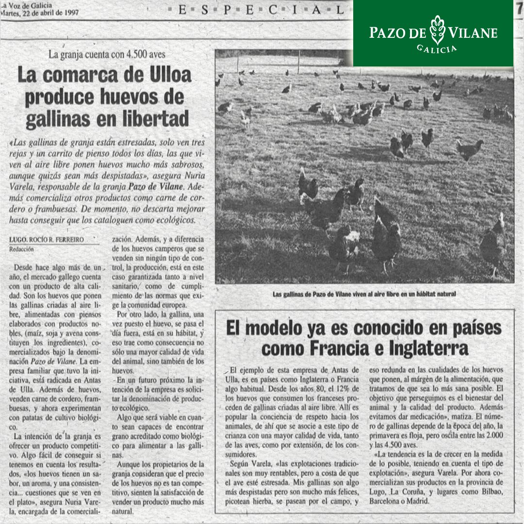 PazodeVilane's tweet image. En 1997 la conciencia sobre #bienestaranimal apenas comenzaba y #PazodeVilane ya destacaba como pionero en España. @lavozdegalicia lo confirma: Nuria Varela-Portas lideró un modelo de producción que revolucionó la manera de criar gallinas apostando por su libertad y bienestar