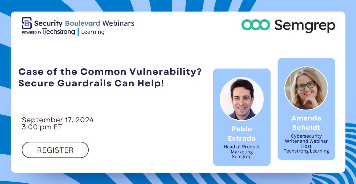semgrep's tweet image. Feeling overwhelmed by a never-ending security backlog? Join Semgrep and Security Boulevard on September 17th at 3 PM ET to explore how secure guardrails can help streamline your security process! 🔒 
webinars.techstronglearning.com/case-of-the-co… 
#CyberSecurity #SecureGuardrails #Webinar