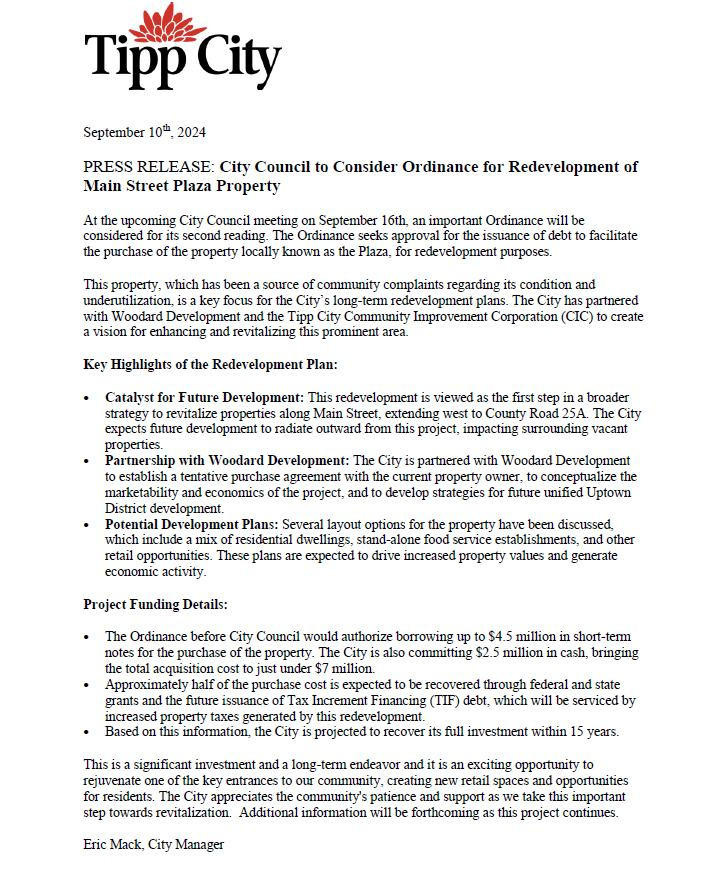 Please see press release regarding the redevelopment of the Main Street Plaza property.