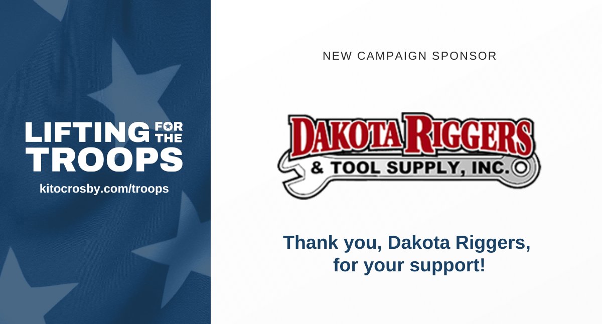 Kito Crosby (@kitocrosby) on Twitter photo Thank you, <a href="/DakotaRiggers/">Dakota Riggers</a>, for sponsoring the Kito Crosby Lifting for the Troops campaign, supporting the <a href="/FallenPatriots/">Children of Fallen Patriots Foundation</a>.
hubs.li/Q02P03RH0
#liftingforthetroops Thank you, <a href="/DakotaRiggers/">Dakota Riggers</a>, for sponsoring the Kito Crosby Lifting for the Troops campaign, supporting the <a href="/FallenPatriots/">Children of Fallen Patriots Foundation</a>.
hubs.li/Q02P03RH0
#liftingforthetroops