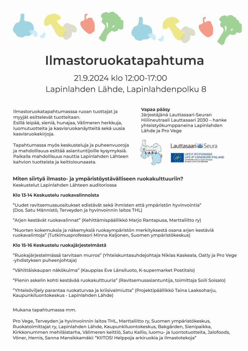 Miten ruokakulttuuria ja ruokajärjestelmää pitäisi muuttaa ja mitä se vaatii? Tule keskustelemaan asiantuntijoiden kanssa Lapinlahden Lähteellä hiilineutraalilauttasaari.fi/ilmastoruokata…. Mukana mm. @NiklasKaskeala <a href="/MinnaKaljonen/">MinnaKaljonen @minnakaljonen.bsky.social</a> <a href="/satumannisto/">Satu Männistö</a> <a href="/Marttaliitto/">Marttaliitto</a> <a href="/soilisoisalo/">Soili Soisalo</a> <a href="/LapinlahdenL/">Lapinlahden Lähde</a>