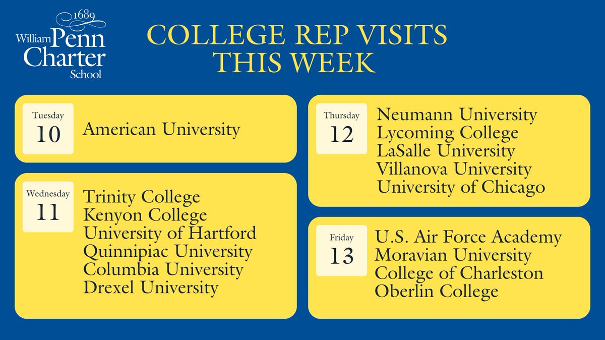 Here are all of the fabulous postsecondary institutions visiting <a href="/penncharter/">PennCharter</a> this week! We have over a hundred schools scheduled this Fall <3 Welcome back, everyone!