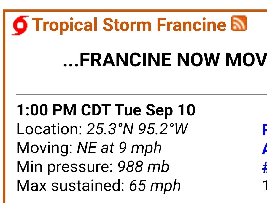 Francine is nearing hurricane intensity with central pressure down to 988 mb.

Still plenty of time (36-hours) over the "climate fueled" waters of the Gulf of Mexico to intensify into a powerful Category 2.  

Don't let the sloppy apparence fool you!