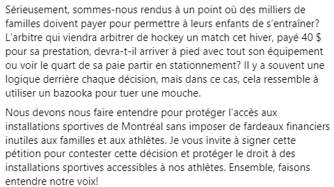 La <a href="/MTL_Ville/">Ville de Montréal</a> désirerait rendre payant le stationnement au Centre Claude-Robillard. Un endroit utilisé surtout par nos jeunes athlètes qui n'ont souvent pas beaucoup d'argent. Le président de Baseball Québec <a href="/MaxBQLamarche/">maxmlb</a> vous invite à signer la pétition contre cette décision.