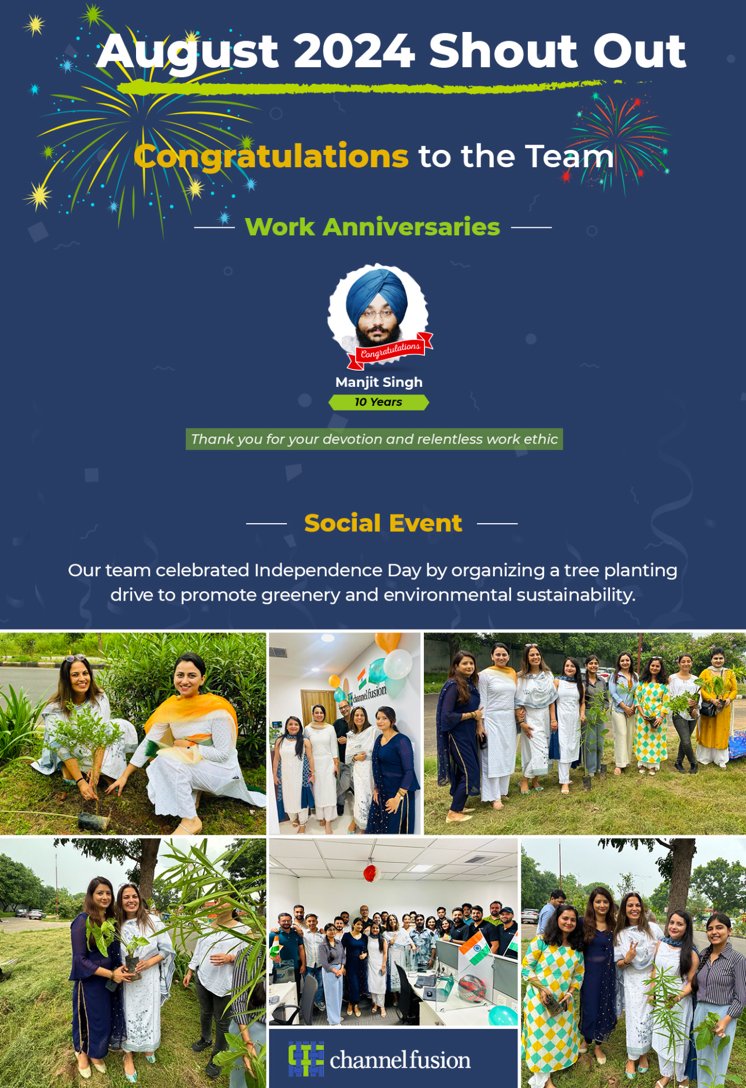Channel_Fusion's tweet photo. August was amazing for our Channel Fusion family in India! 🎉 We celebrated Manjit's decade of excellence and planted trees for Independence Day. 🌳💚 Cheers to teamwork, celebration, and making a positive impact!🙌✨ #ChannelFusion #Sustainability #TogetherWeGrow 🌱 https://t.co/1CtN4rmYg0