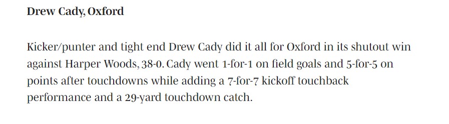 Not a bad few days for <a href="/DrewCady4/">Drew Cady</a>   In addition to Friday night's 🏈 W, he also had 2 goals and an assist for the #6 Ranked <a href="/oxford_hs/">Oxford High School</a> ⚽️as they went 2-0-1 for the week.