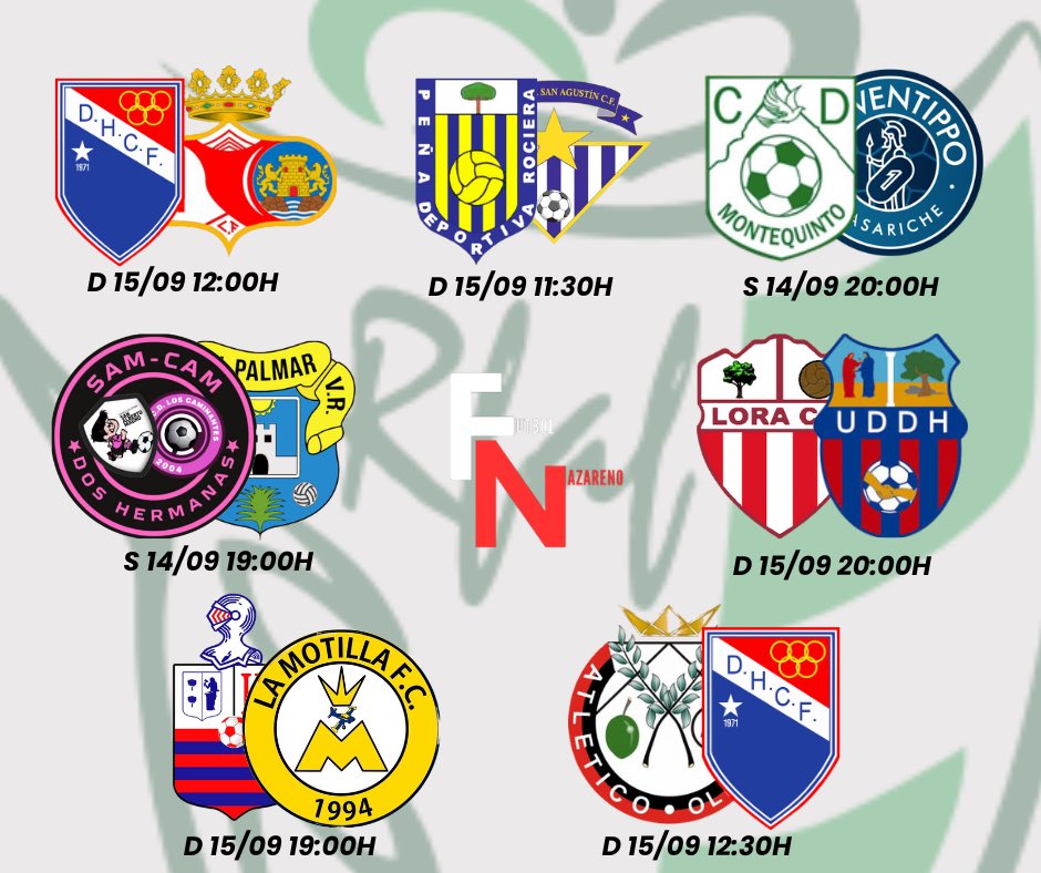 Fútbol Nazareno (@futbolnazareno) on Twitter photo ⚽️Esta semana arrancan varias competiciones: División de Honor, Primera Andaluza y Segunda Andaluza.
<a href="/_Doshermanascf/">Dos Hermanas CF 1971</a> y su filial, <a href="/Rocieraoficial/">Peña Deportiva Rociera</a>, <a href="/MontequintoCD/">CD Montequinto</a>, <a href="/UD_DosHermanas/">UD Dos Hermanas</a> <a href="/lamotilla_fc/">La Motilla F.C. 🛩️</a> y <a href="/samcamdosher/">SAM-CAM</a> se estrenan.
👀Consulta los horarios:
#DosHermanas #FútbolNazareno ⚽️Esta semana arrancan varias competiciones: División de Honor, Primera Andaluza y Segunda Andaluza.
<a href="/_Doshermanascf/">Dos Hermanas CF 1971</a> y su filial, <a href="/Rocieraoficial/">Peña Deportiva Rociera</a>, <a href="/MontequintoCD/">CD Montequinto</a>, <a href="/UD_DosHermanas/">UD Dos Hermanas</a> <a href="/lamotilla_fc/">La Motilla F.C. 🛩️</a> y <a href="/samcamdosher/">SAM-CAM</a> se estrenan.
👀Consulta los horarios:
#DosHermanas #FútbolNazareno