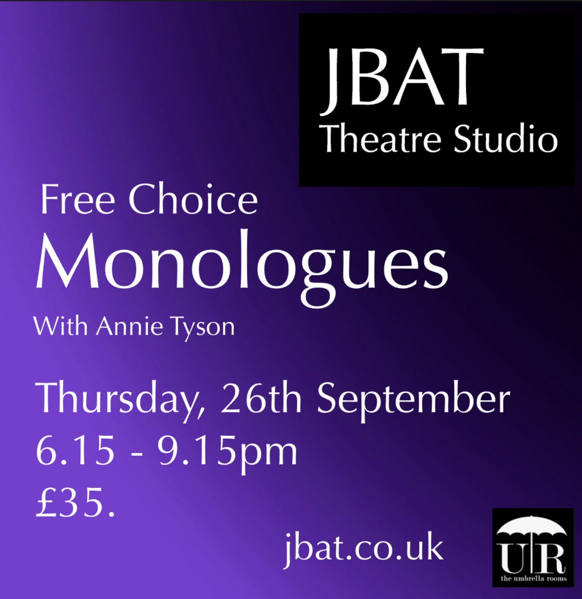 A chance to work on a monologue from any genre, classical or contemporary to add to your repertoire. This could be new material or something you wish to refresh. It could also be something you have written yourself and wish to test. jbat.co.uk