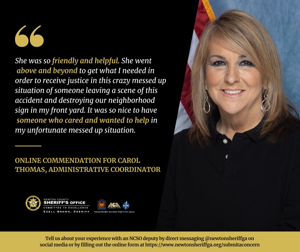 newtonsheriffga's tweet image. Administrative Coordinator Carol Thomas recently received an online #commendation for going above and beyond to help someone get the needed documents for a recent incident. #NewtonCountySheriff