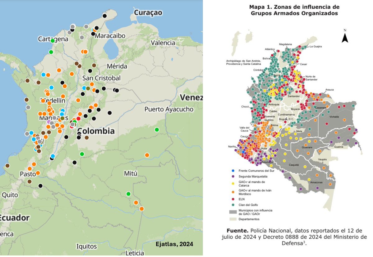 sebasGoEMP's tweet photo. Usted suma estos 2 mapas (⬅️: conflictos ambientales extractivos. ➡️: mapa de presencia de grupos armados) y ahí se explica porqué Colombia, con 79 personas asesinadas, es el país más riesgoso de la Tierra para defender la naturaleza. Qué desastre, así no hay Escazú que valga 😥 https://t.co/xGOhz0NktF