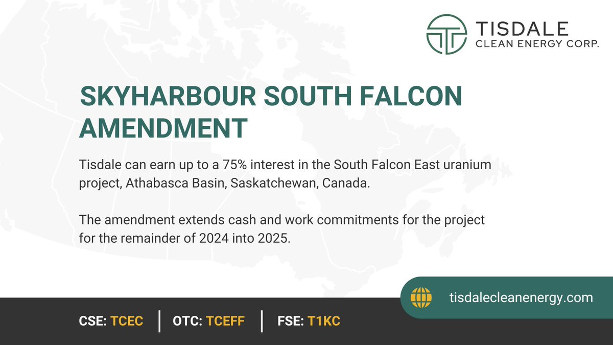 #ICYMI ➡️ We’re currently earning up to 75% interest in our South Falcon East uranium project in the Athabasca Basin. 

A recent amendment extends cash and work commitments for the project into 2025.

Learn more in our latest release: bit.ly/3LE3mWK

$TCEC $TCEFF
#Mining