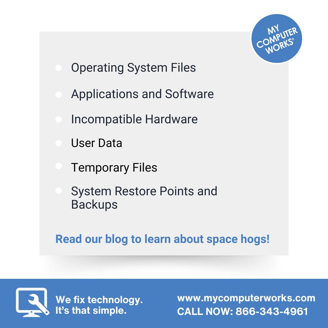 MyCompWorks's tweet image. Not all computer space hogs are essential to keep. Read our blog to understand your storage limitations and free up your space: mycomputerworks.com/find-out-what-…. Need more help? Just call My Computer Works at 866-343-4961!
#MyComputerWorks #FixMyComputer #ComputerSpace