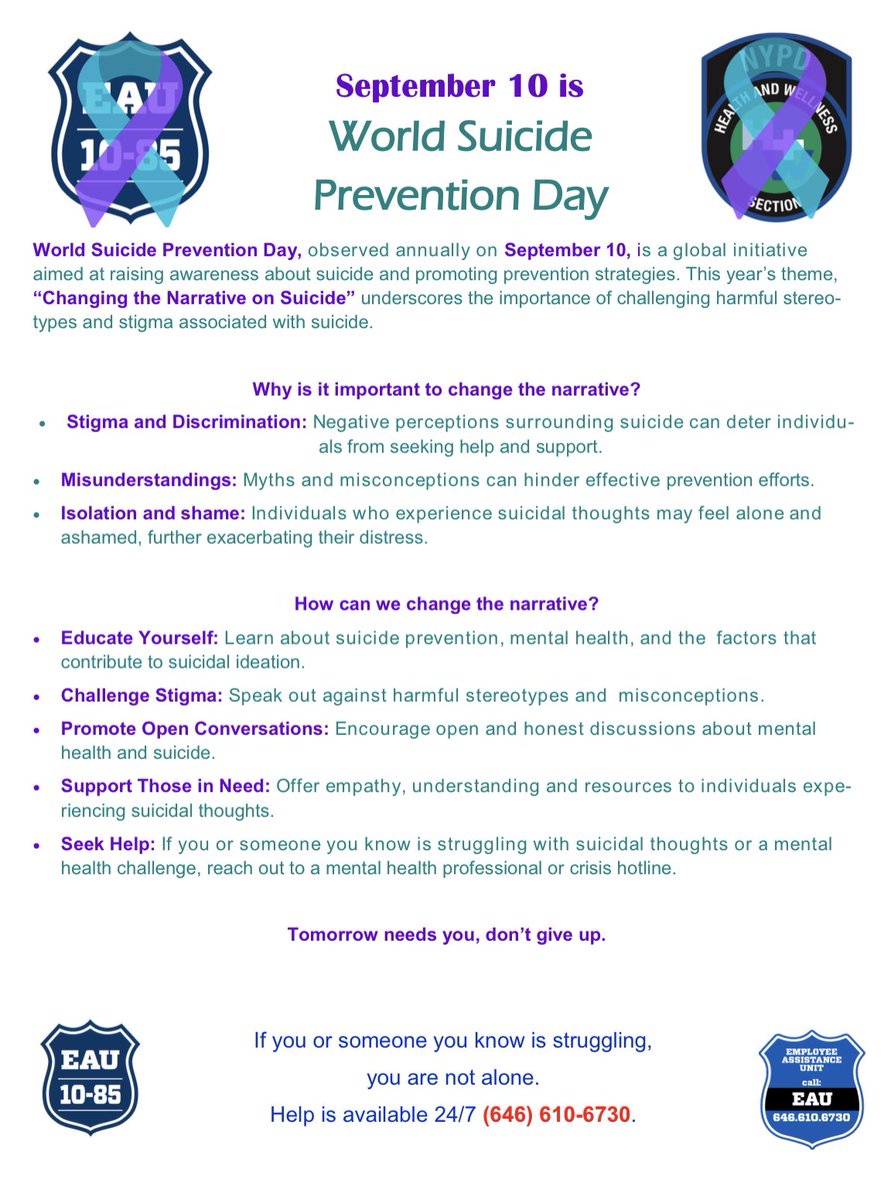 September 10 is #WorldSuicidePreventionDay. The goal is to not only bring attention to the issue, but also reduce stigma by encouraging open conversations around mental health and suicide.

If you or someone you know is struggling, help is available. You are not alone.