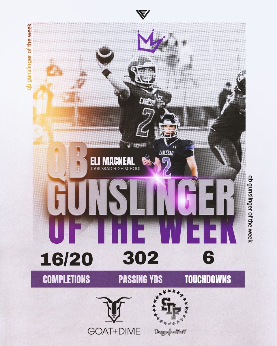 We present the Gunslinger of the week Award 🎯 presented by Goat &amp; Dime  <a href="/sellingsocal/">GOAT+DIME</a> , Who was throwing Dimes this week ? Carlsbad Quarterback Eli MacNeal threw for 302 Yards and 6 TD’s in a Lancer win over San Pasqual .