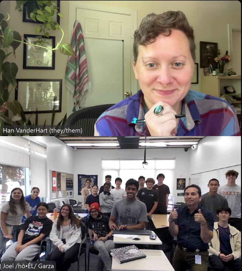 Grateful, as ever, for the art &amp; the generosity of poets -- poets like <a href="/hmvanderhart/">Dr. Han VanderHart is on Bluesky</a> zooming w my Ss <a href="/GreenhillSchool/">GreenhillSchool</a> 

Thx, Han, for your poetry &amp; for your care with my Ss, who loved what they've read from your collection What Pecan Light! 🤠🫶🏼

(PS Link in alt-text for image!)