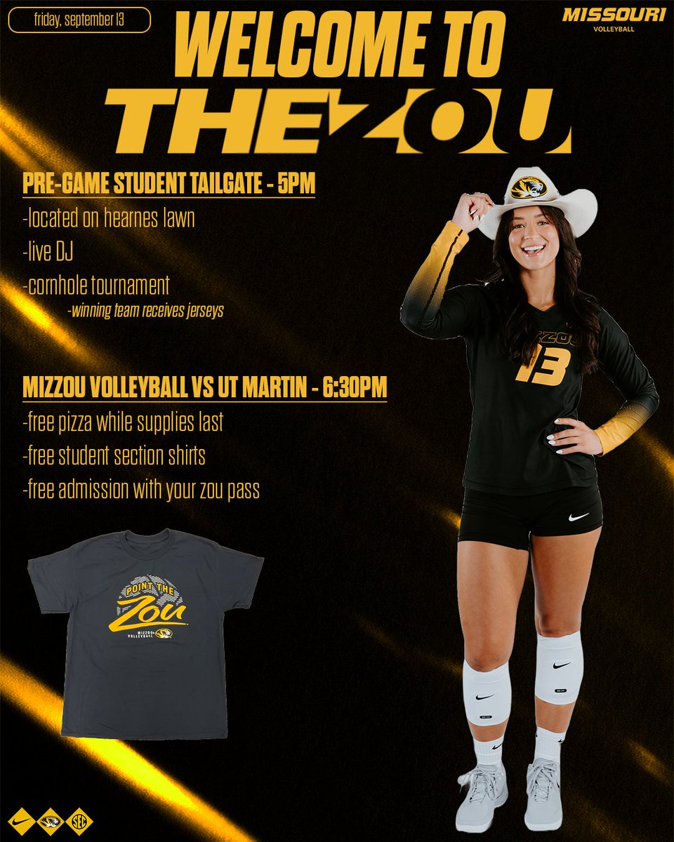 DON’T MISS IT ‼️

Mizzou Volleyball takes on UT Martin this Friday @ 6:30 pm!🏐

Arrive early to the Pre-Game Student Tailgate for a live DJ and cornhole tournament!!

Register for the tourney, here: MUTigers.com/VBCornhole

#MIZ #TheZou