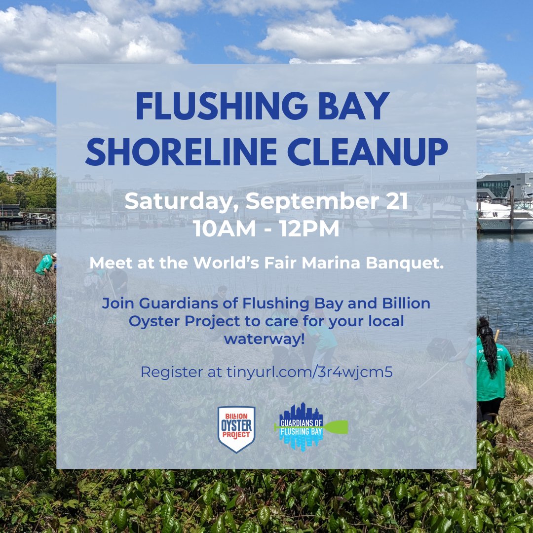 Keeping our monthly cleanups going! Join us to care for Flushing Waterways 🕺✨

🗓️ Saturday, September 21—10am to 12pm
📍 Meet on the promenade in front of the World's Fair Marina Banquet.

Register at tinyurl.com/3r4wjcm5